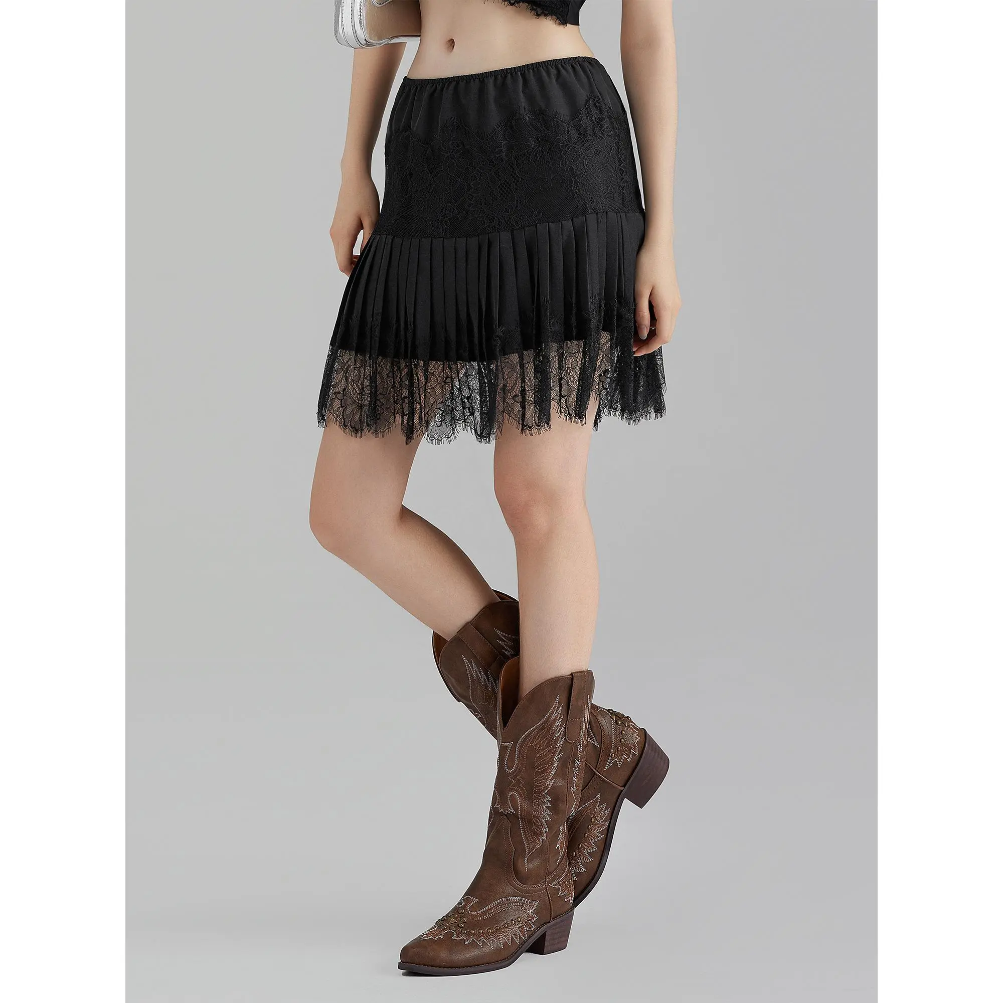 Women's Mid-Rise Pleated Lace Mini Skirts - Casual Spandex Slip Bottoms for Spring Summer, Halloween, Pairs Easily with Tunics and Jackets