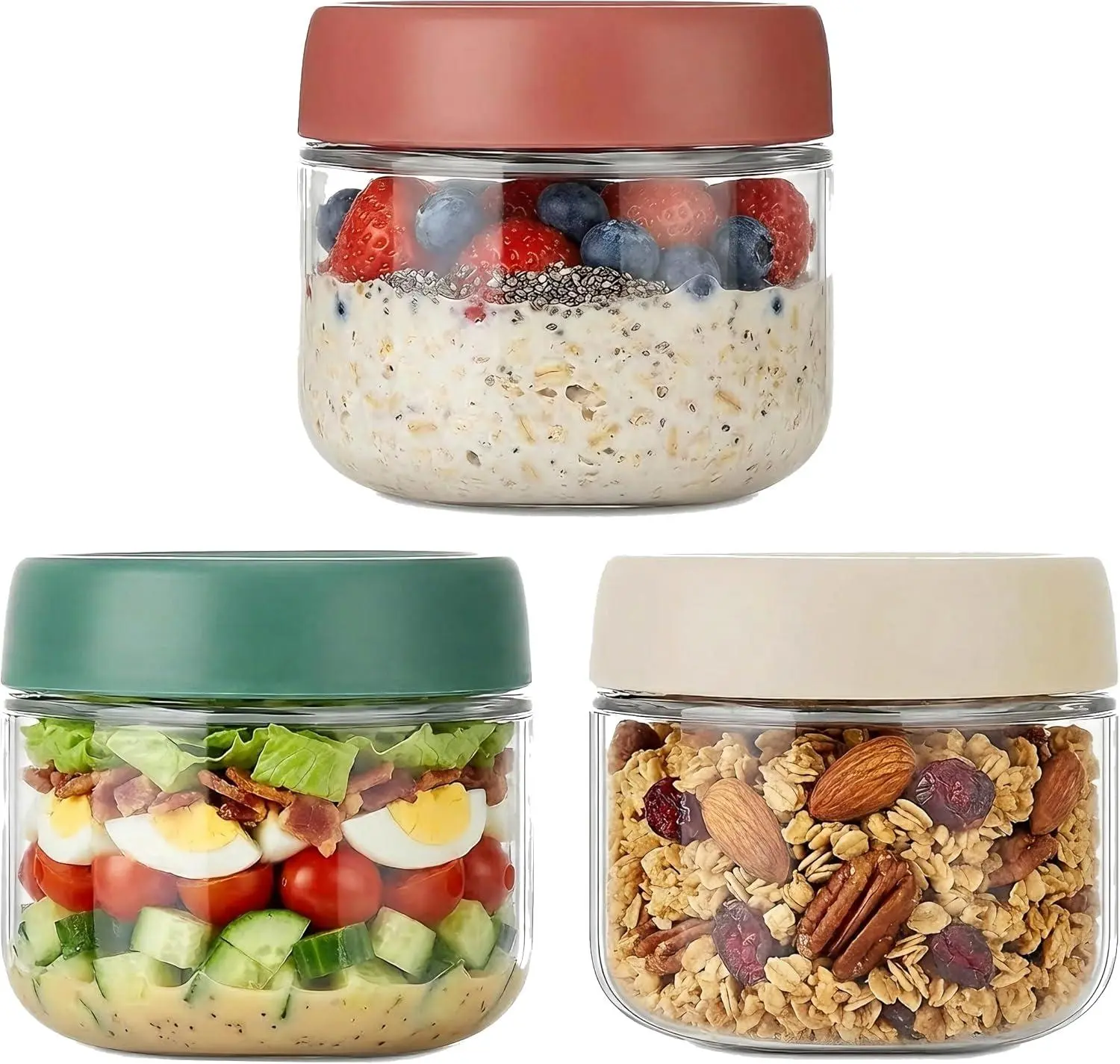 3Pack Overnight Oats Containers with Lids,10Oz Glass Jar with Scew Lid,Salad Dressing Fruit Veggies Sauce Snacks Meal Prep Food Containers,Spice Jars,Wide Mouth Storage Containers Povinmos