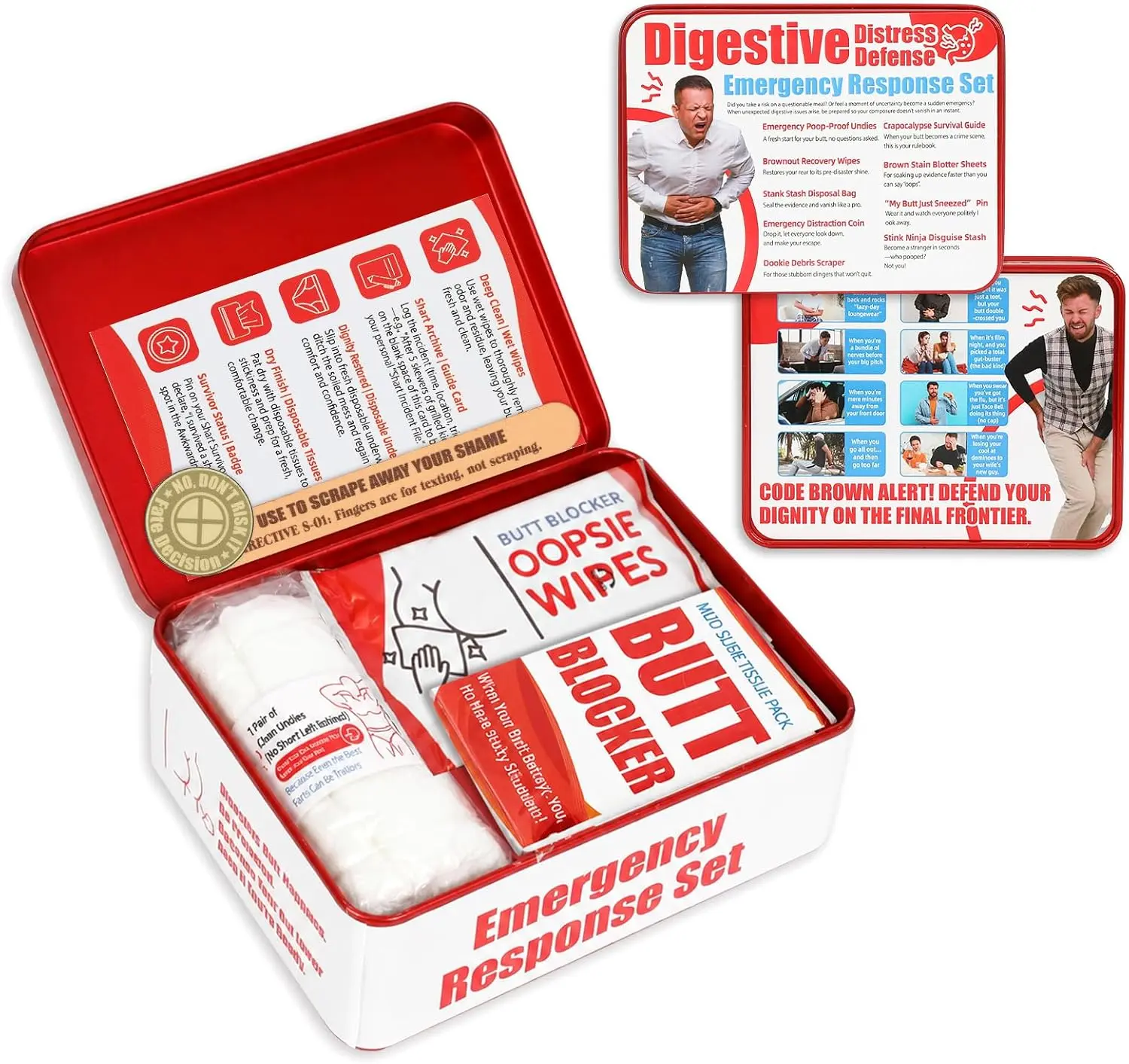 Unisex Funny Shart Survival Emergency Box Gag Kit (12 Items) – Poop Prank Novelty Gift with Disposable Underwear, Wet Wipes, Hilarious Badge, Guide Card & More for Friends