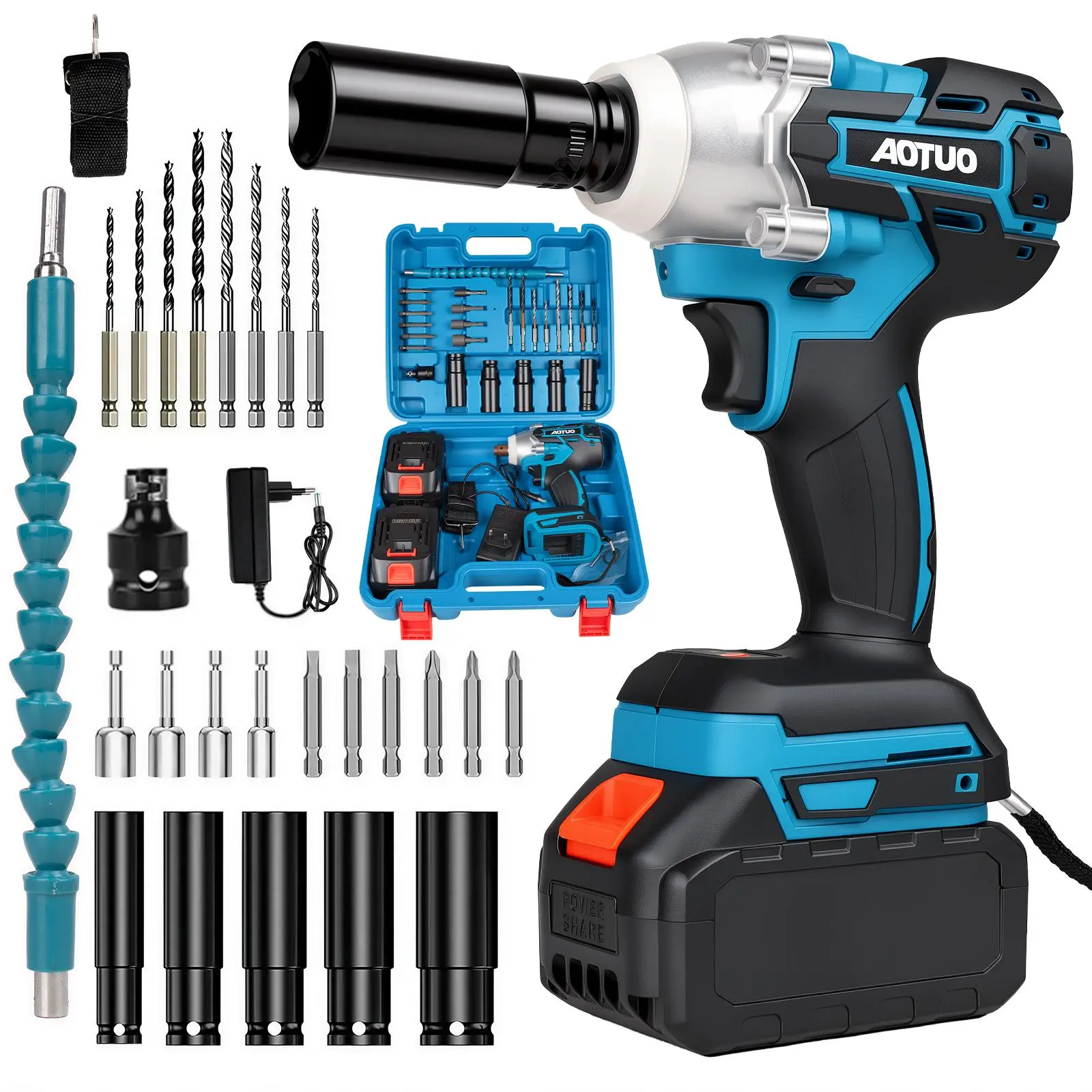 AOTUO 400N.m Brushless Cordless Impact Wrench - 2-in-1 Drill/Driver Kit with Sockets, Drill Bits, Flexible Shaft, Batteries, Storage Case for Car Tire Lug Nut Removal, DIY Tasks, Easy Organization, Versatile for Tasks Power Tool