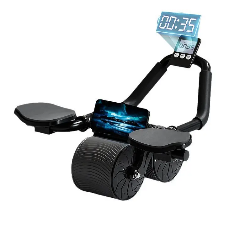 Ab Roller Wheel with Elbow Support, 2-in-1 Flat Trainer, Digital Timer & Thick Knee Mat for Quiet Home Gym Ab Training