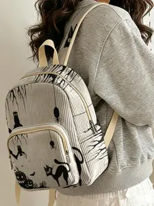 1 piece of lady's two-shoulder bag with 2D printing of Halloween black cat pattern, chenille texture + layered storage + light weight reduction | Suitable for students to go to class/shopping/short trips | Combines atmosphere with practicality