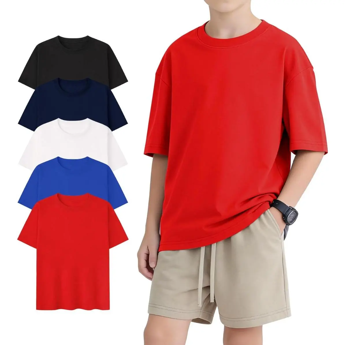 Boys' T-Shirt in Soft Cotton, Solid Color Short Sleeve Round Neck Top, Summer Casual Basics, Simple, Plain, Simple Look