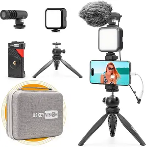 USKEY VLOG-K2 Professional Video Stabilizer Kit with 360° Rotation Anti-Shake Fill Light Microphone Tripod Complete Set Foldable Portable for iPhone Android Beginners