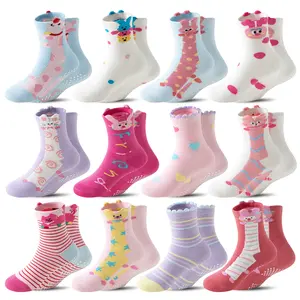 12 Pairs Baby Girls Toddlers Grips Socks Kids Anti Slip Non Skid Animal Funny Cartoon Crew Breathable Cotton Socks