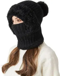 Women Winter Balaclava Hat Scarf Mask 3 in 1 Set Fleece Lined Windproof Thermal Hooded Neck Warmer with Ear Flaps for Outdoor Sports Cycling Skiing Snowboarding Motorcycling