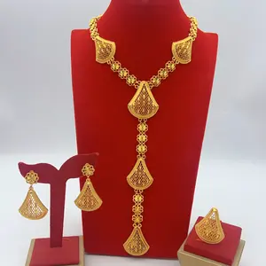 Viral 24K Gold Plated Filigree Drop Jewelry Set - Full Necklace, Earrings & Ring Perfect For Formal Events & Parties
