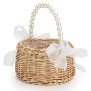 Handmade Woven Basket Wedding Flower Girl Basket, Pearl Handle & Bow Design, Fairy Tale Style Elegant Floral Storage Container