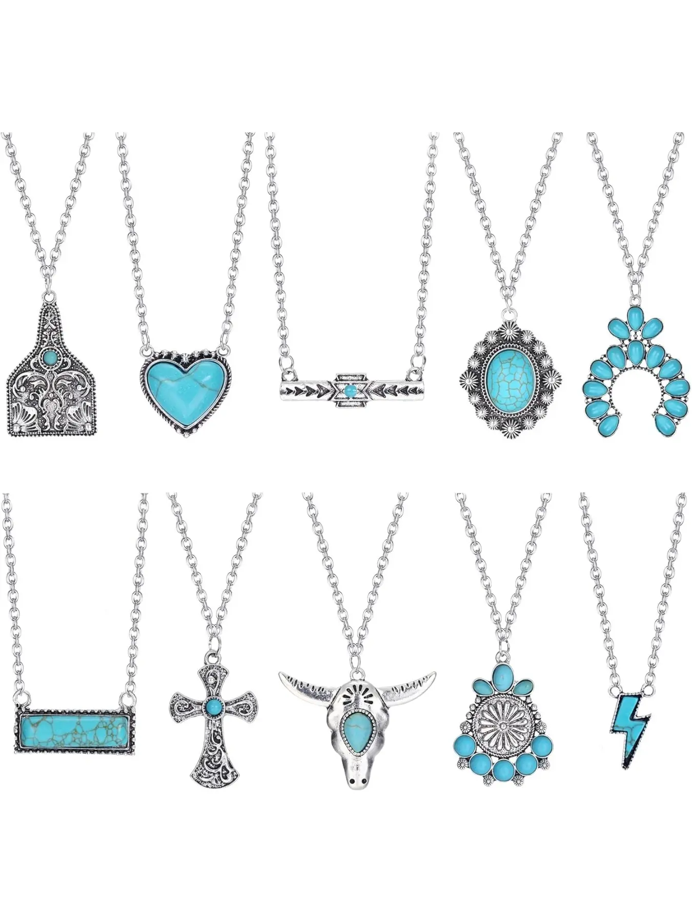 10Pcs Western Necklaces for Women Turquoise Necklace Cow Tag Lightning Bolt Horseshoe Bar Turquoise Pendant Design Necklace Cowgirl Boho Western Jewelry Set