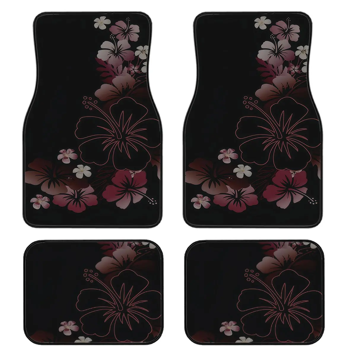 4-Piece Hibiscus Pattern Car Floor Mats Set, Automotive Mats, Universal Fit for All Vehicles, Stylish Interior Decor, Easy Clean, Best Comfort and Protection, Car Accessories