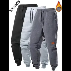 Thick winter men's running drawstring jogging pants with wool added - super elastic waistband, slim fit, elastic drawstring, zipper pocket, suitable for fitness running training, casual pants - fitness, outdoor all year round