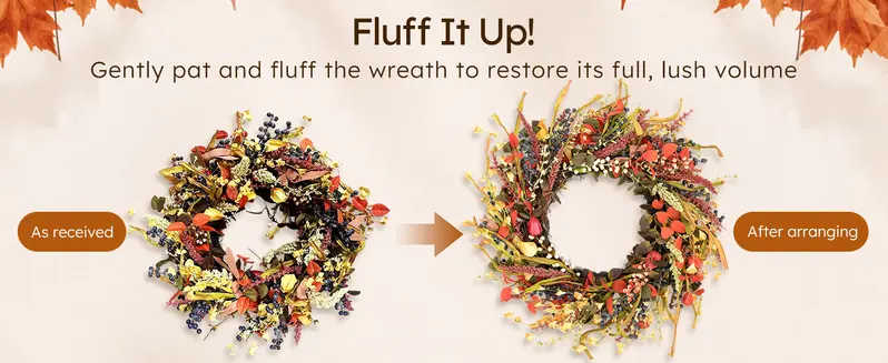 Thanksgiving Fall Wreath with Berries & Leaves, Hook Included, Festive Home Decor for Porch Wall, Room Decor