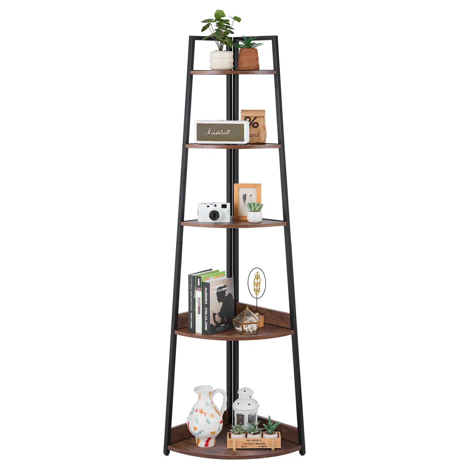 【SummerFinds】VEVOR 5 Tier Corner Shelf, 70" Tall Corner Bookshelf with Metal Frame & Wooden Shelves, Industrial Corner Ladder Shelf for Living Room, Bedroom, Office, Rustic Brown
