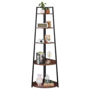 VEVOR 5 Tier Corner Shelf, 70" Tall Corner Bookshelf with Metal Frame & Wooden Shelves, Industrial Corner Ladder Shelf for Living Room, Bedroom, Office, Rustic Brown