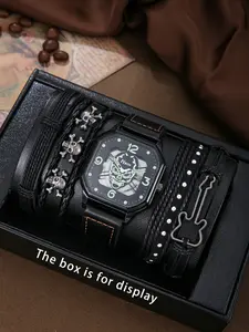 PU Leather Strap Watch Set, Trendy Analog Quartz Watch, Includes Braided Bracelet, Streetwear & Retro Style, All Seasons