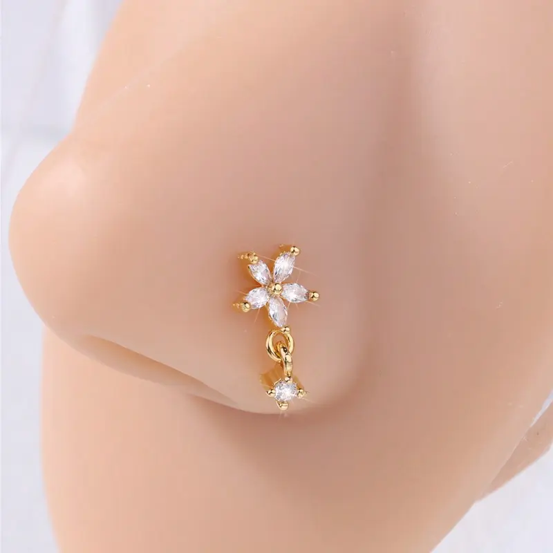Flower Nose Stud L Shaped 20g Dangling Nose Rings, Stainless Steel Body Jewellery Nose Piercing Jewelry, Cz Nose Bone, Stud Embellished, Gift for Women, L Shaped Nose Studs