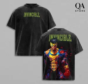 Mark Grayson Bloodied Invincible T-shirt Vintage Washed Oversized Heavyweight Unisex Tee High-Quality Cotton Fabric Bold Invincible Logo Large Back Print Anime Fan Apparel Streetwear Gift For Invincible Fans