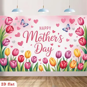 2D Flat, [party Banner] 2D Flat Banner, 1pc Multicolored Tulips, Pink Hearts, Blue Butterflies, "Happy Mother's Day" Text, Pink Background Backdrop, for Party Decor Garden, Farm, Room, Clu
