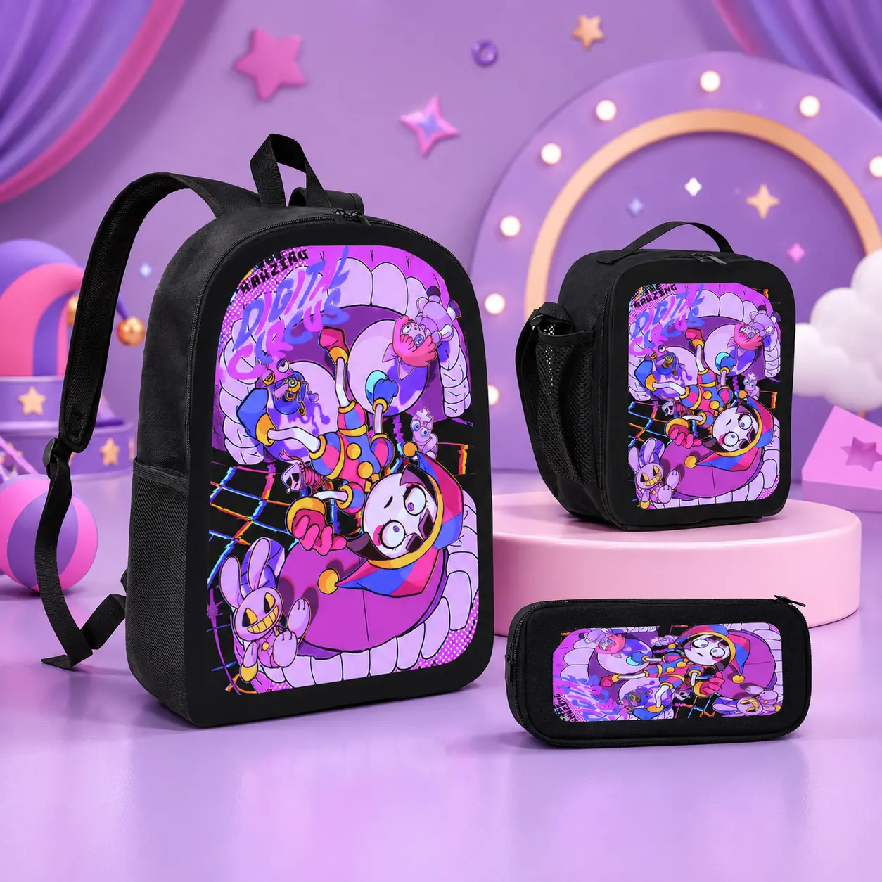The Amazing Digital Circus Backpack 3 PCS Set Durable Travel Daypack with Insulated Lunch Bag Pencil Case Casual Bag