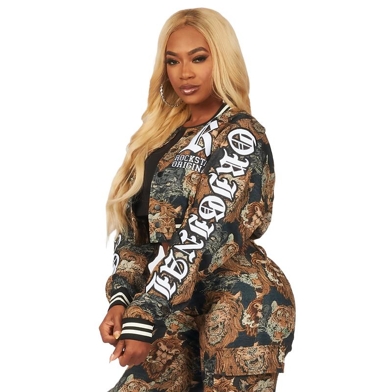 Khadiyah Black Crop Tapestry Varsity Jacket