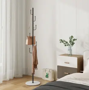 Coat Rack 6 Hooks 64.5 in Freestanding Metal Coat Rack Coat and Hat Hanger Organizer Rack Garment Stand with White Stone Base for Home, Office, Entryway, Hallway, Black