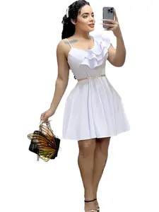 Women's Plain Ruffle Trim Asymmetrical Neck A Line Dress, Elegant Sleeveless Short Dress for Party Holiday Wedding Guest, Ladies Summer Clothes