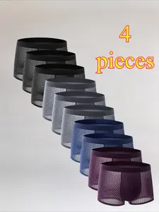 Men's Ice Silk Boyshorts, 4/10 Pcs Mixed Color, Plain Pattern, Breathable Mesh, Soft Comfort, Casual All-Season Underwear, Soft Comfy Underwear