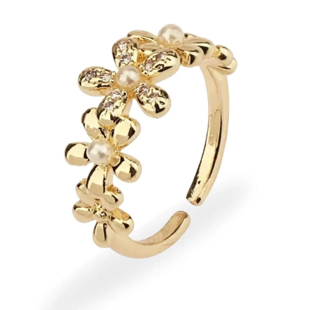 Jewelry by Hao 14K Gold Plated Flower Pareal Diamond Adjustable Ring