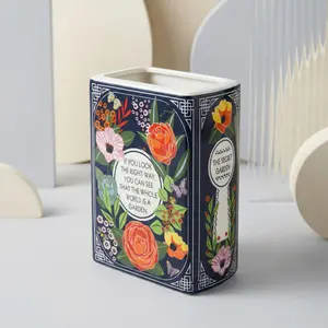 Ceramic Book-Shaped Flower Vase – Vintage Floral Garden Decorative Vase, 5.6in Tall, 1lb Home Shelf Decor