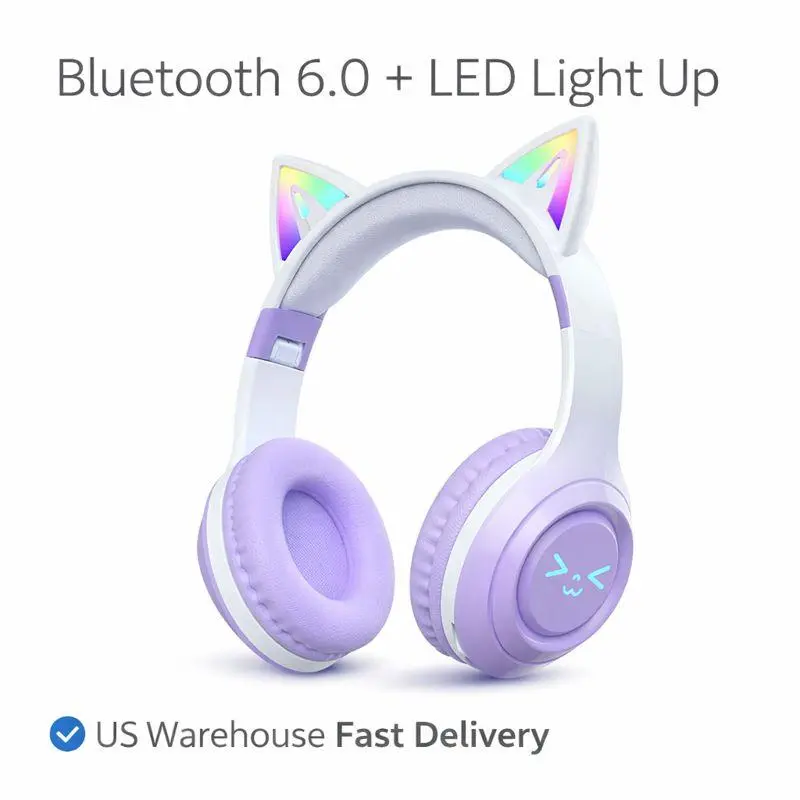 Wireless Bluetooth Cat Ear Headphones with Built in Microphone LED Light Up Foldable Over Ear Headphones for Phone Tablet iPad Laptop Computer Cute Gift for Kids Teens and Adults