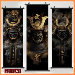 3 Pcs Japanese Samurai Helmet HD Print Plastic Scroll Painting, Traditional Kanji Wall Art, Office & Men's Space Decor, Suitable for Enthusiasts of Japanese Culturents
