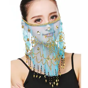Belly Dance Half Face Veil Costume with Gold Beaded Clover for Womens Girls Arabian Egyptian Dancing Masks Accessory
