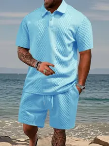 TOOTD Selection – Men’s solid-color polo shirt and drawstring shorts set, a comfortable, breathable two-piece outfit for everyday outdoor wear; summer menswear. Men's casual two-piece set. Wheat ear and diamond texture, overall stretch, knit construction,