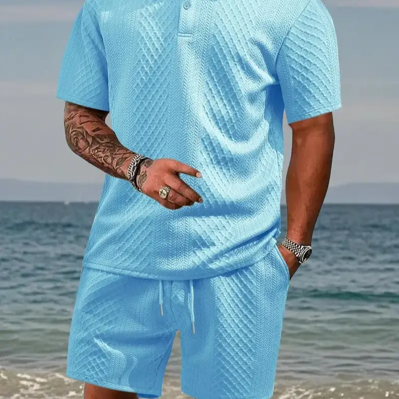 Men's 2-Piece Chic Crew Neck Short-Sleeve Top & Shorts Set - Solid Color, Geometric Wheat-and-Diamond Pattern, Stretch Knit Breathable Soft Menswear Clothing Set