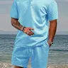 Men's 2-Piece Chic Crew Neck Short-Sleeve Top & Shorts Set - Solid Color, Geometric Wheat-and-Diamond Pattern, Stretch Knit Breathable Soft Menswear Clothing Set