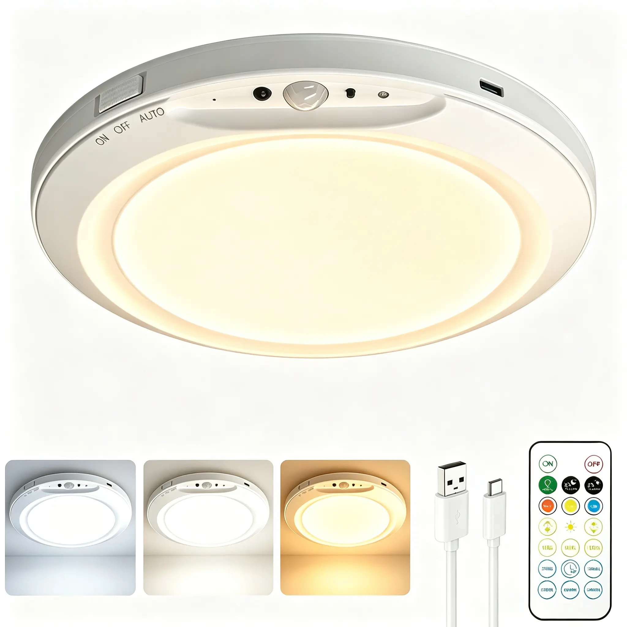 Wireless LED Ceiling Light | Motion Sensor Rechargeable Closet Light | Battery Operated Dimmable Ceiling Lamp | 3 Color Temp Remote Control Stick On Light for Hallway Wardrobe Pantry Bedroom