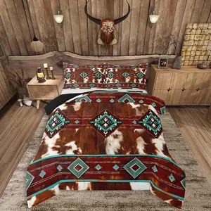 Cow Fur Printed Comforter Set for Kids Boys Girls Western Duvet Quilt Southwestern Aztec Cowhide Boho Geometric Farmhouse Bedding Set Bedroom Decor Soft Lightweight Microfiber