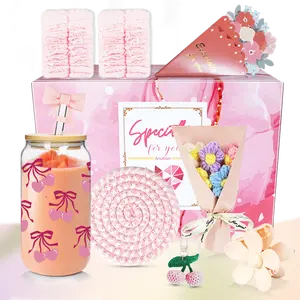 Delicate Pink Cherry Glass Cup Set - 18oz Retro Pink Bow Shaped Water Cup - Iced Coffee, Juice,Smoothies & Soda, Vintage Drinkware Jar, for Ladies and Sisters