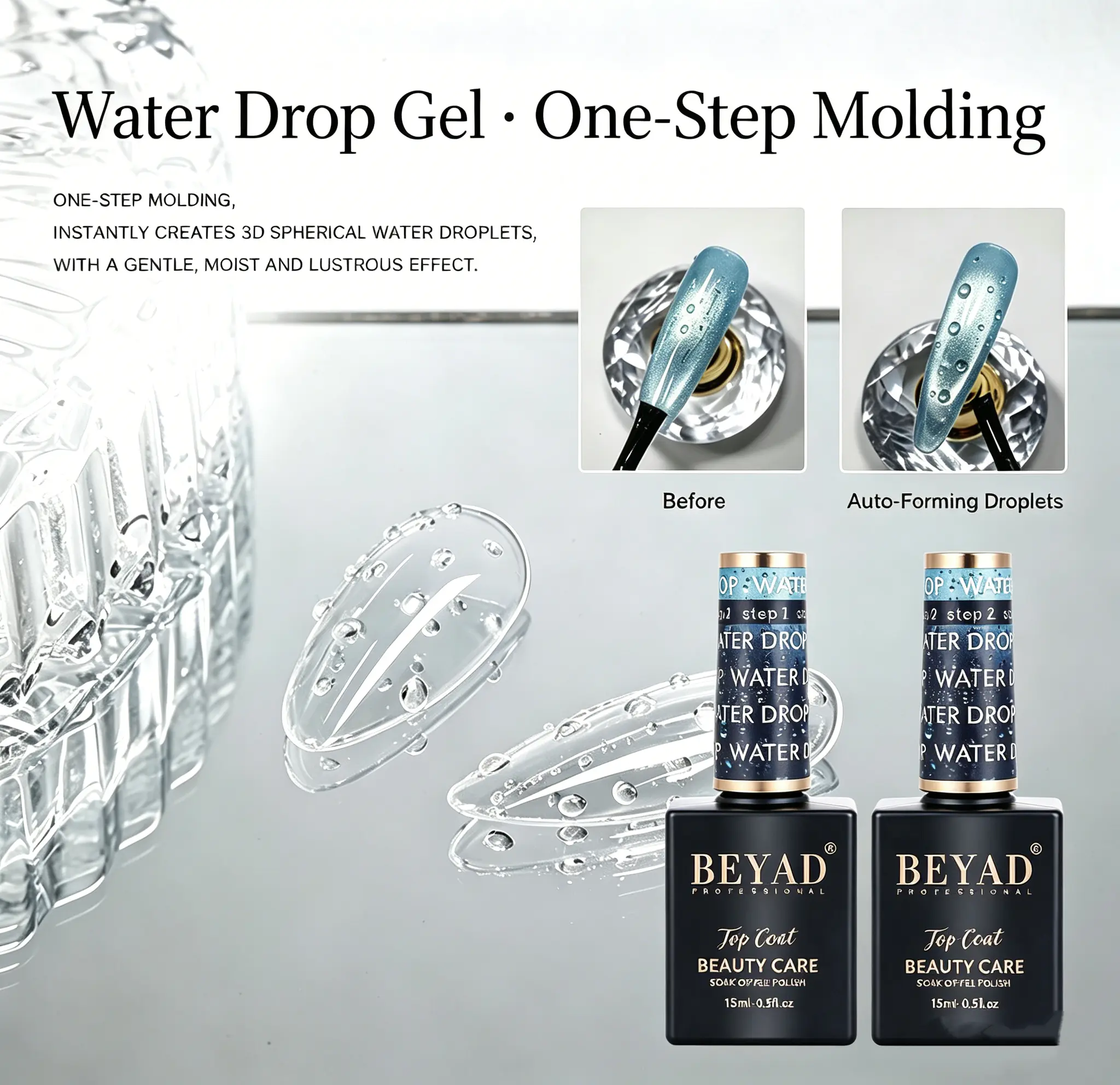 beyad 3D Water Drop Gel Top Coat, Non-Wipe Smooth and Glossy Finish, Self-Leveling Soak-Off Nail Polish for Flawless Manicures, 15ml
