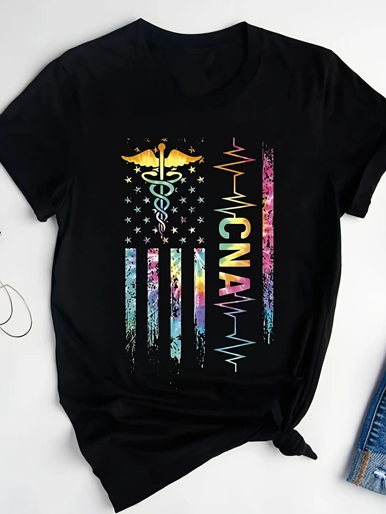 CNA American Flag T-Shirt Tie Dye Certified Nursing Assistant Shirt CNA T-S Same Style for Men and Women 2026 Summer Short-sleeved Printed T-shirt 220G