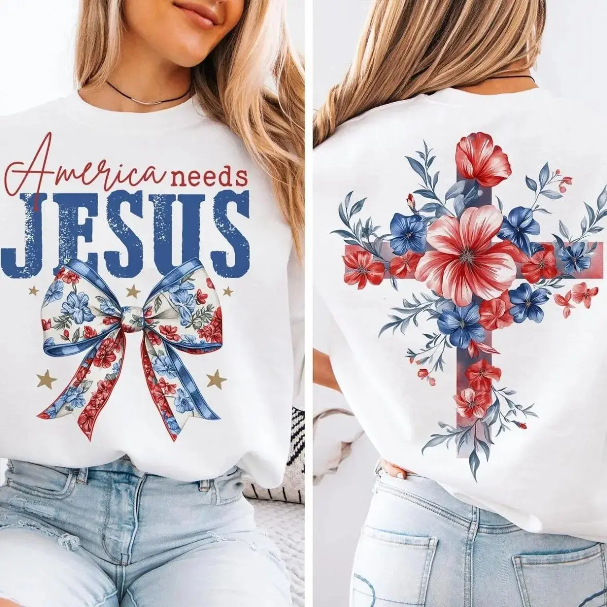 Women's Casual Streetwear Christian Sports Top - Everyday Simple Round Neck, 2-Sided America Needs Jesus Graphic Print, USA Flag Flower Cross, Coquette Bow 4th of July Tee