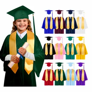 Unisex Kindergarten Preschool Graduation Gown Cap Set with Gold Stole Tassel Kids Graduation Robe Uniform Package Multi Colors Ceremony Dress Costumes Luxury Shiny Matte Graduation Clothes for Boys Girls
