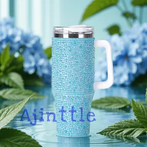 40oz Blue Pearl Embellished Stainless Steel Travel Tumbler with Handle, Double Wall Vacuum Insulated, Leak-Proof Lid & Included Straw，1pc