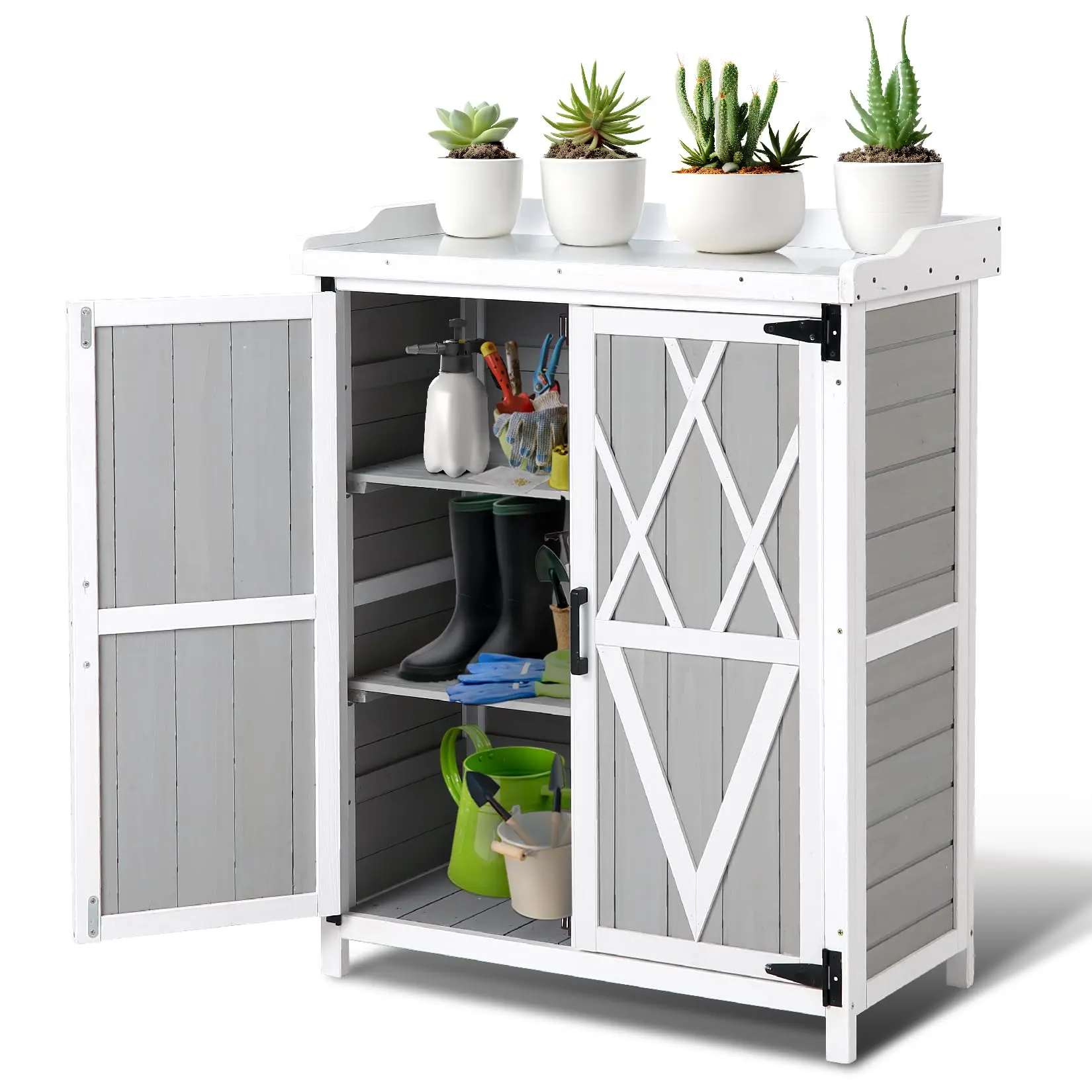 GAOMON Rustic Outdoor Potting Bench with Metal Worktop - Waterproof Wooden Garden Storage Cabinet, Adjustable Shelves, Double Doors, 500lb Capacity, All Hardware Included, Assembly Required for Front Porch, Backyard White Grey | Outdoor Patio Storage, Far