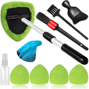 10 count Windshield Cleaner Tool,  Window Cleaning Wash Kit with 4 Reusable Microfiber Pads 1 Spray Bottle and Extendable Handle Auto Glass Wiper Kit, Green