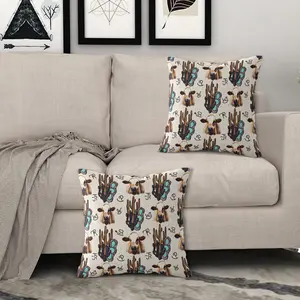 Vintage Western Style Cow Cactus Pillow Cover Cushion, Soft Polyester Fabric, Fits Sofa and Window Seat, All Seasons Accent Pillow Decor