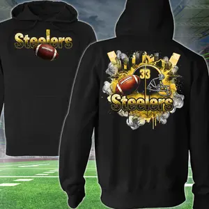 Steelers Brush Football 2 Sided Hoodie, Football Player Sweatshirt, Sports Apparel, Yellow & Black Helmet Pullover Classic T-shirt, Graphic Printed Streetwear Top, 100% Cotton, Gift For Fans