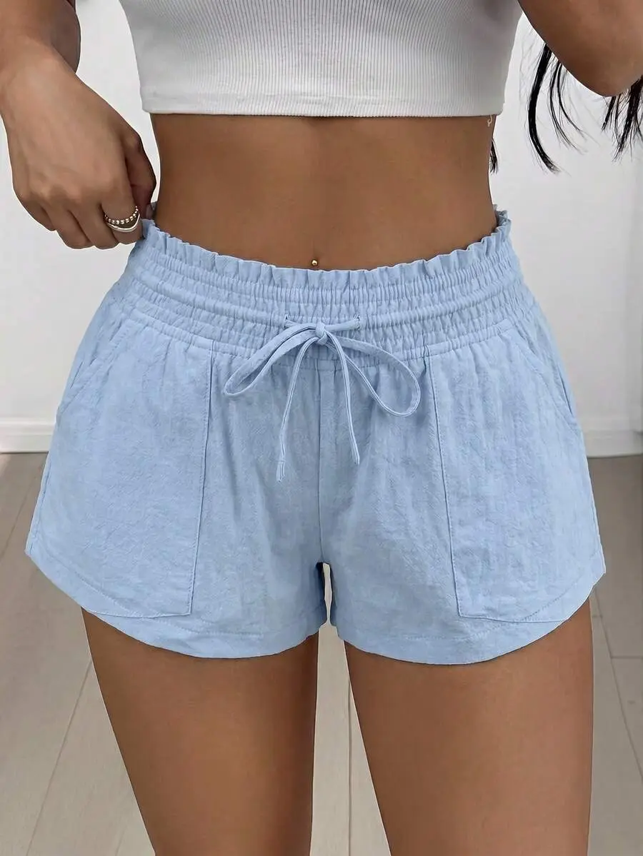 Women's Summer Light Blue Drawstring Shorts – Casual Loose Fit Cotton Mini Shorts with Elastic Waist & Everyday Comfort