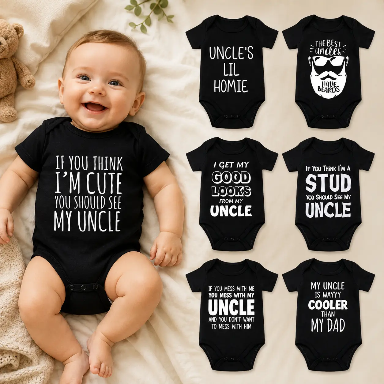Funny Uncle Baby Bodysuit, 100% Cotton Short Sleeve Romper for Unisex Infants, Cute Newborn Shower Gift Clothes, 0-18M, Family, Snap, Button