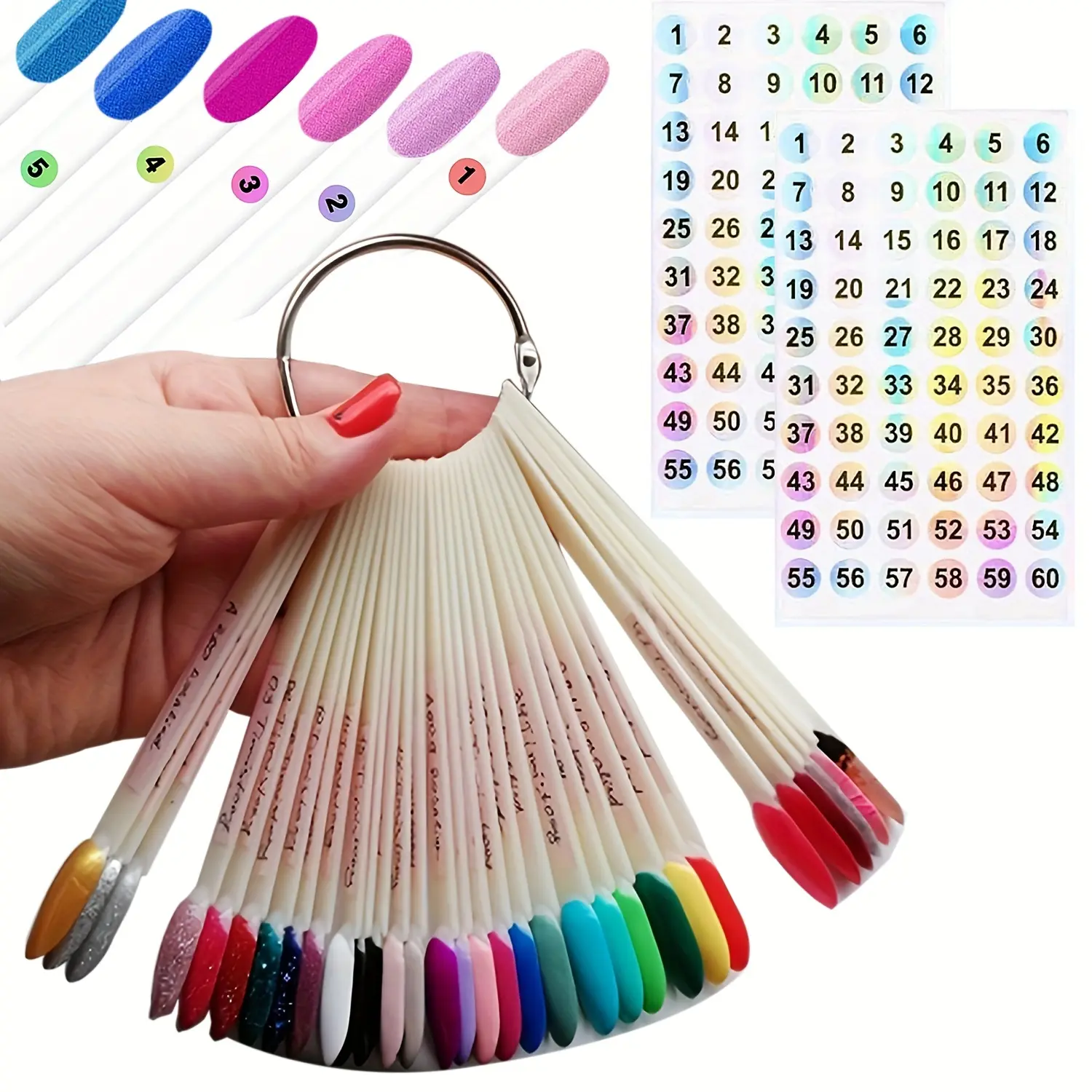 50pieces Oval Nail Swatch Sticks Nail Polish Sample Sticks Nail Color Display with 2pcs Label Laser Number Stickers Practice Nail Tips Nail Art Gifts for Women Nail Kit - Nail Art Supplies Nail Art Design Nail Art Products
